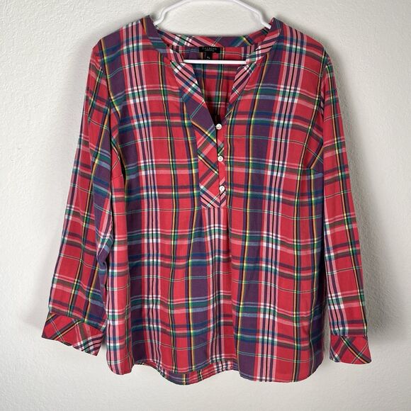 TALBOTS Shirt Womens Plus 1X P Button Up Blouse Top Plaid Long Sleeve Roll Tab - Picture 1 of 6